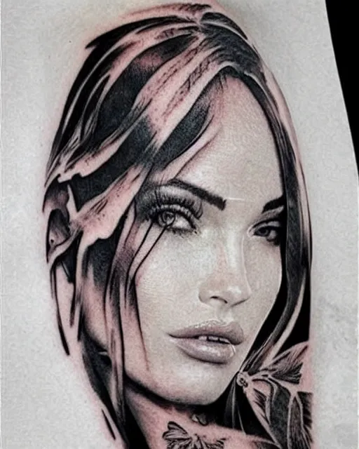 Image similar to creative double exposure effect tattoo design sketch of megan fox faded in beautiful mountain scenery, realism tattoo, in the style of matteo pasqualin, amazing detail, sharp