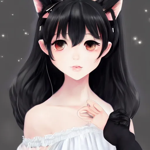 Image similar to realistic beautiful gorgeous natural cute fantasy young teenager girl black hair cute black cat ears in maid dress outfit beautiful eyes artwork drawn full HD 4K highest quality in artstyle by professional artists WLOP, Taejune Kim, Guweiz, ArtGerm on Artstation Pixiv