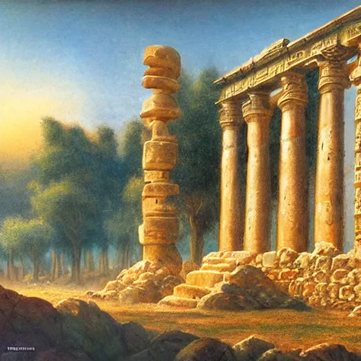 Prompt: glowing Sumerian temple in a Mediterranean landscape, bob Ross, Alan Lee, 8k photo, award winning photo