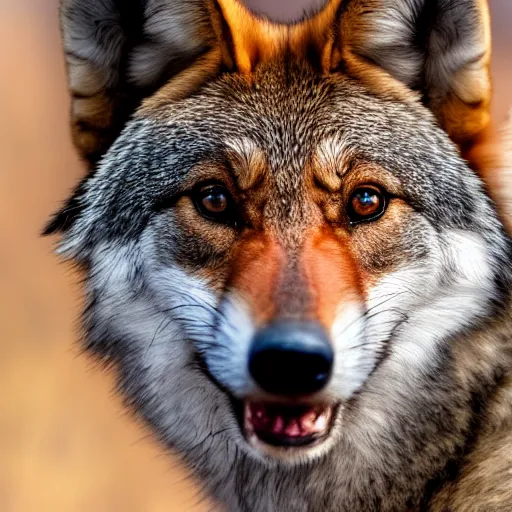 Prompt: professional photograph of a gray tawny red wolf, high quality, hd, 8 k, 4 k, magnificent, award - winning, nature, nature photography, awe - inspiring, highly detailed, amazing