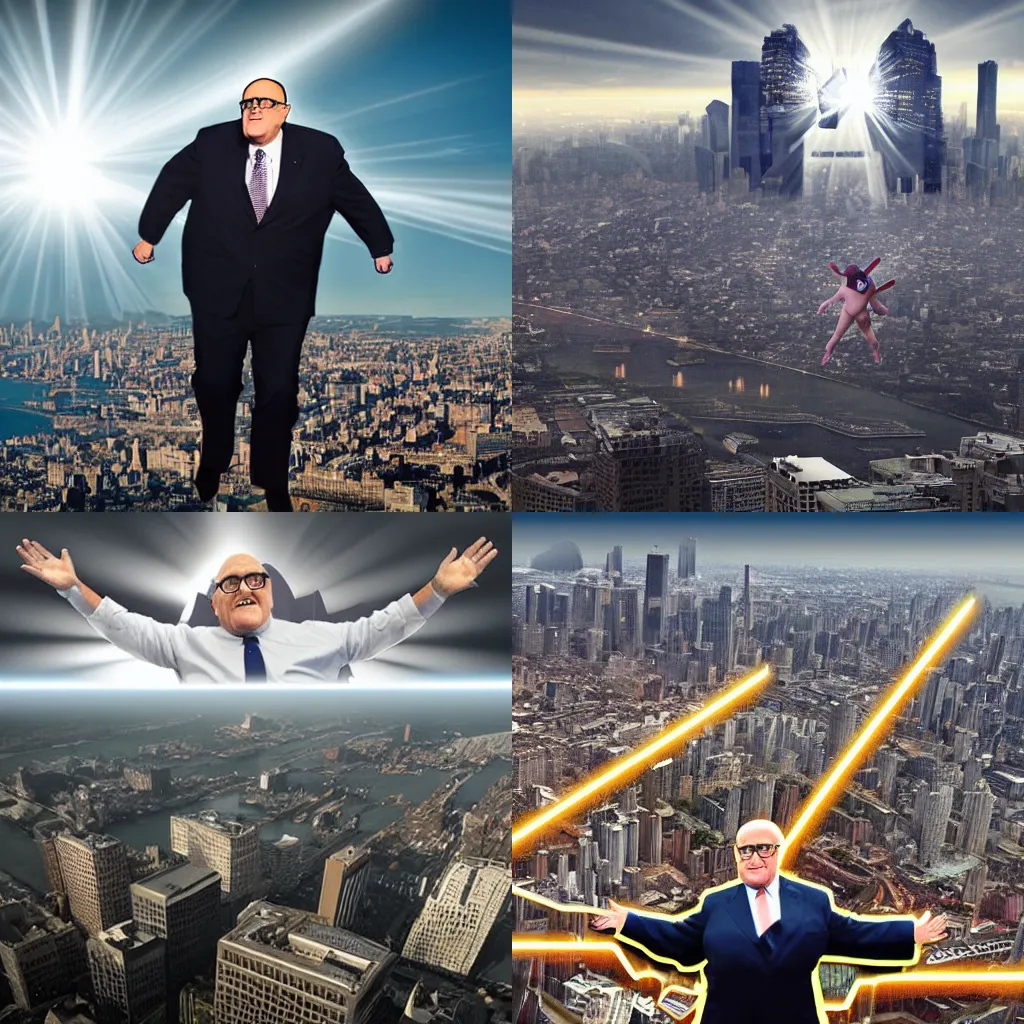 Prompt: obese rudy giuliani floating over a city, glowing god rays