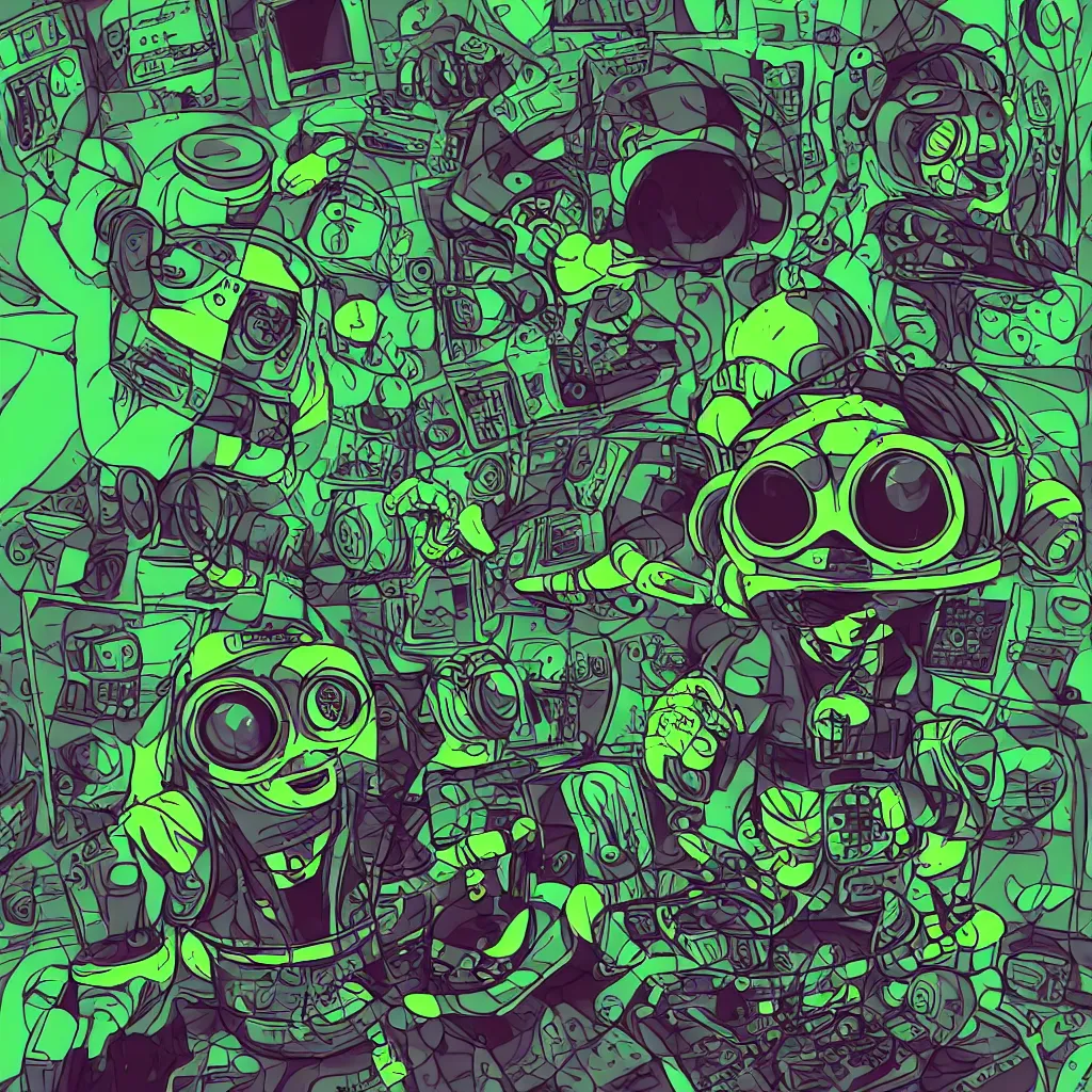 Image similar to a toad wearing headphones, ryuta ueda artwork, breakcore, style of jet set radio, y 2 k, gloom, space, cel - shaded art style, sacred geometry, data, minimal, code, cybernetic, dark, eerie, cyber