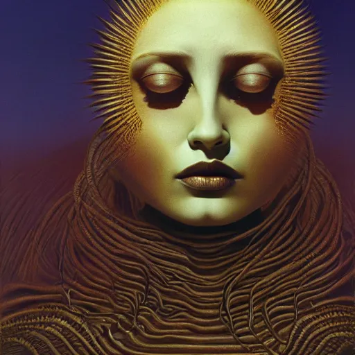Image similar to The queen of the sun by Zdzisław Beksiński and H.R. Giger, oil on canvas, 8k highly professionally detailed, trending on artstation