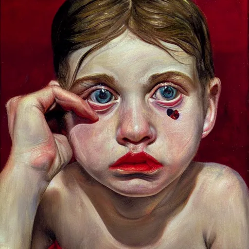 Image similar to high quality high detail painting by lucian freud, hd, young pale girl staring intensely, big eyes, alizarin crimson and black, photorealistic lighting