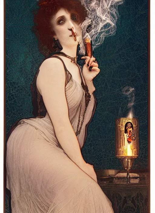 Prompt: woman in a dark room wearing lace smoking a cigarette advertisement photography by mucha, candlelight, pagan, extremely coherent, sharp focus, elegant, render, octane, detailed, award winning photography, masterpiece, rim lit