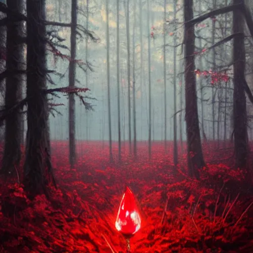 Prompt: A highly detailed oil painting of a blood red, crystal flower glowing bright red in the middle of a dark forest, by Greg Rutkowski.