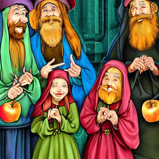 Image similar to seven dwarves in catholic religious garb with halos, background of poison apples, digital painting, glow art nouveau