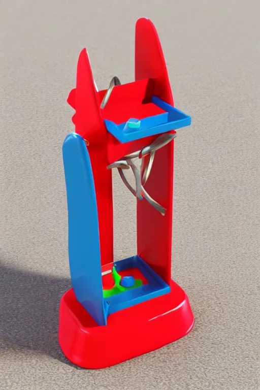 Image similar to product photo of life sized toy guillotine made by fisher price, colorful plastic, high quality, intricate detail, realistic textures, octane render, unreal engine 5, hyperrealism