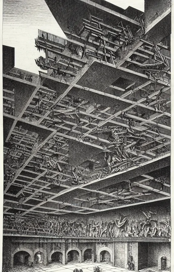 Prompt: brutalist concrete structures, relativity, lithograph, manga, etching by giovanni battista piranesi, m. c. escher, gustave dore