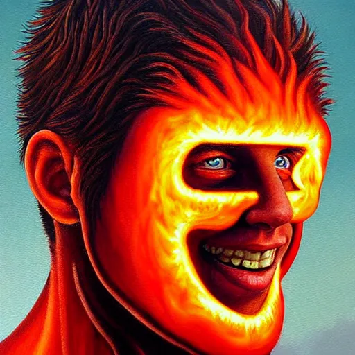 Image similar to a hyper realistic painting of a young fire - man, all face covered with a fire, coherent symmetrical eyes, cunning smile, by jeffrey smith, by andrea kowch