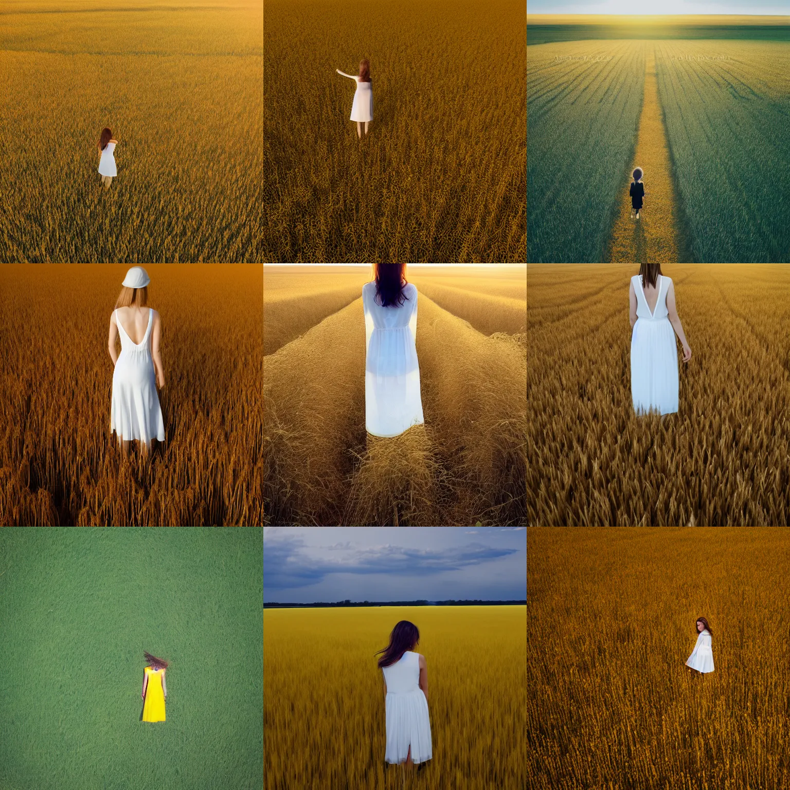 Prompt: aerial shot, a beautiful photo of a petite girl in a very wide transparent thin light white dress standing on a bright yellow rye field, photo from the back, 135mm, trending on artstation