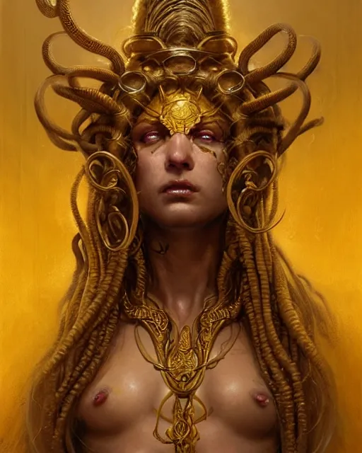 Image similar to fierce medusa in an golden robe, fantasy character portrait, ultra realistic, concept art, intricate details, highly detailed by greg rutkowski, gaston bussiere, craig mullins, simon bisley