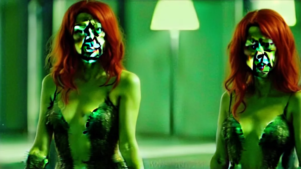 Image similar to Aubrey Plaza as Poison Ivy in The Dark Knight, green skin film still from the movie directed by Denis Villeneuve, wide lens