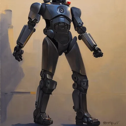 Prompt: greg manchess portrait painting of alex j. murphy aka robocop as overwatch character, medium shot, asymmetrical, profile picture, organic painting, sunny day, matte painting, bold shapes, hard edges, street art, trending on artstation, by huang guangjian and gil elvgren and sachin teng