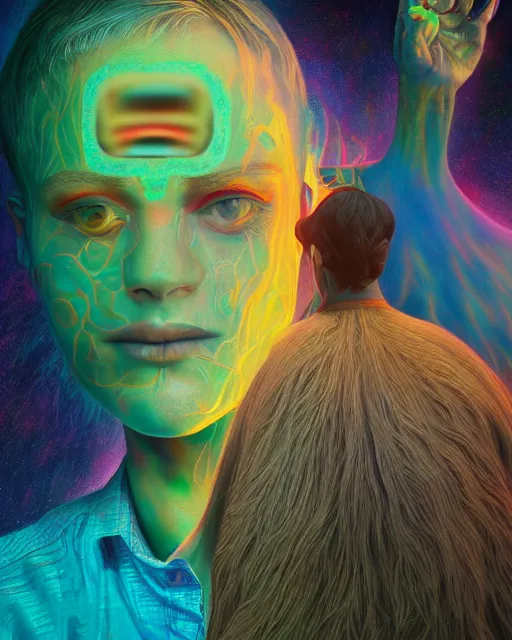 Prompt: portrait ultra dimensional beaty and the beasty entity, accidentally tripping on dmt and acid, psychedelic experience, overwhelming psychosis of self realization and burning awakening, ultra high definition, unreal engine 5, hyperrealism, masterpiece composition, by casey weldon, barclay shaw 8 k photorealistic