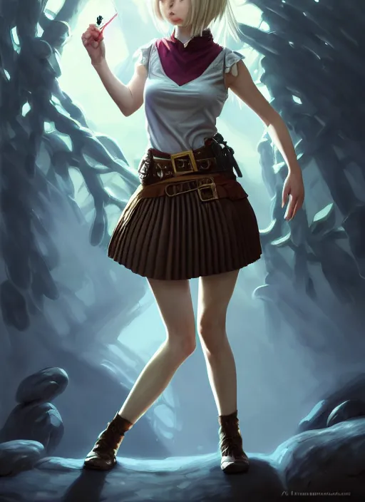 Image similar to portrait of a full body of beautiful young female detective, d & d, sleeveless turtleneck, pleated skirt, fantasy, flat lighting, intricate, highly detailed, digital painting, artstation, concept art, smooth, sharp focus, illustration, misa amane, art by simon bisley and greg rutkowski and alphonse mucha, natural tpose