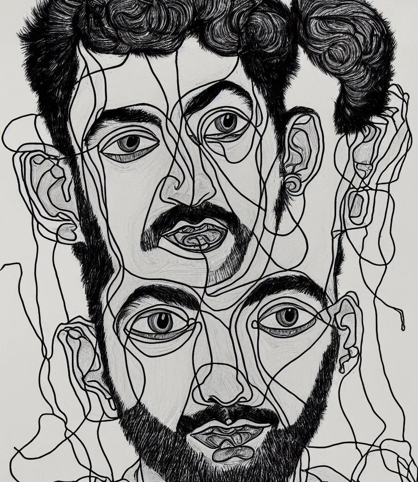 Prompt: detailed line art portrait of ramakrishna, inspired by egon schiele. caricatural, minimalist, bold contour lines, musicality, soft twirls curls and curves, confident personality, raw emotion