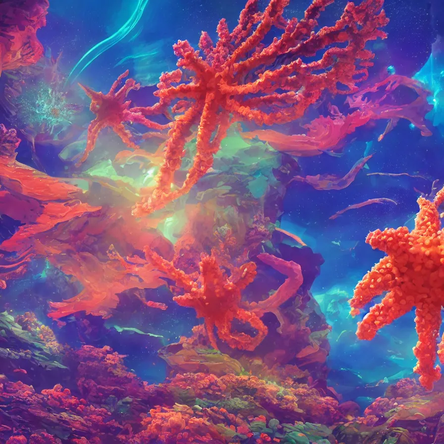 Prompt: album art, anime visuals, of an alien planet made out of different coloured corals, with big starfish, creatures, rocky landscape, floating waterfalls, omni magazine, beautiful space visuals