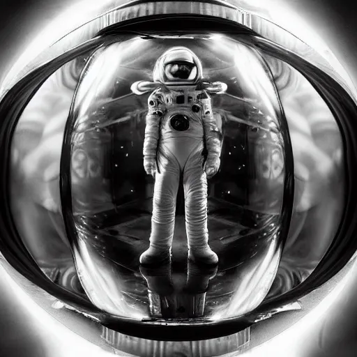 Prompt: concept art astronaut in futuristic dark and empty sci - fi spaceship. infrared complex and hyperdetailed technical suit design. mandelbulb fractal underwater space. reflection and dispersion materials rays and dispersion of light breaking through the deep water. 5 0 mm, f / 3 2. noise film photo. flash photography