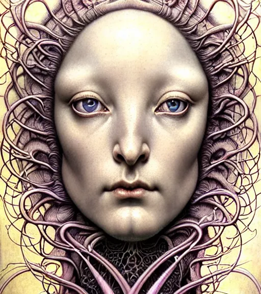 Image similar to detailed realistic beautiful orchid mantis goddess face portrait by jean delville, gustave dore, iris van herpen and marco mazzoni, art forms of nature by ernst haeckel, art nouveau, symbolist, visionary, gothic, neo - gothic, pre - raphaelite, fractal lace, intricate alien botanicals, ai biodiversity, surreality, hyperdetailed ultrasharp octane render