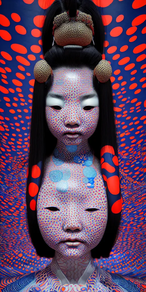 Image similar to hyperrealistic detailed image of a geisha in a art installation room, hd smooth interior by yayoi kusama, part by kei mieno, part by ross tran, dark art by james jean, ultra realistic, highly detailed, life like face, detailed body, 8 k, 3 d render by roger magrini, masterpiece