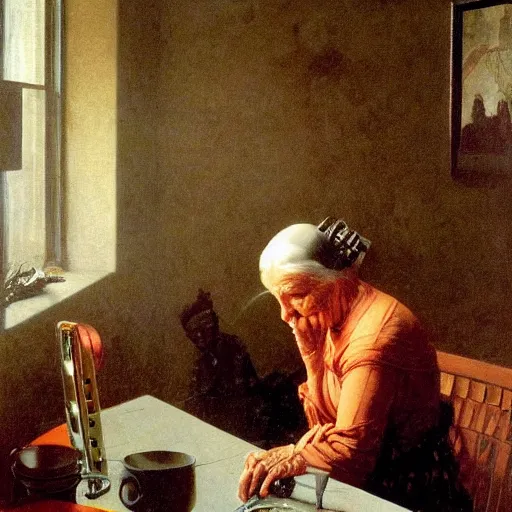 Image similar to elderly cyborg weeping desperate grandma trying to figure out how to order an online pizza sitting in her small room glaring at her lenovo thinkpad laptop t 4 1 0 8 gb ram norman rockwell leonardo da vinci giotto jamie wyeth greg rutkowski winslow homer thomas eakins lucian freud edward hopper j. m. w. turner oil painting anachronistic realism