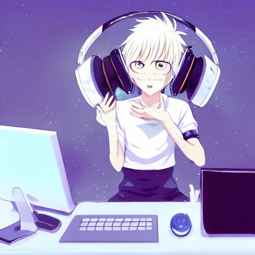 Image similar to anime girl, short white hair, blue eyes, wearing cat ear headphones, sitting at desk at keyboard, programming, pixiv, anime