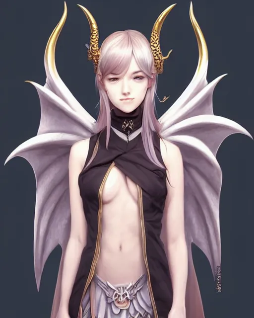 Image similar to character concept art of a woman with dragon horns and wings | | very anime, dragon scales, cute - fine - face, pretty face, realistic shaded perfect face, fine details by stanley artgerm lau, wlop, rossdraws, james jean, andrei riabovitchev, marc simonetti, and sakimichan, tranding on artstation