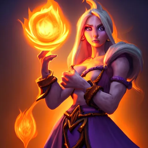 Prompt: Hearthstone official professional art. A sorceress, wearing a robe casting a fire ball. Insanely coherent & consistent physical body parts (face, arms, legs, hair, eyes). Full body realistic, sharp focus, 8k high definition, insanely detailed, intricate, elegant, smooth, sharp focus, illustration, ArtStation