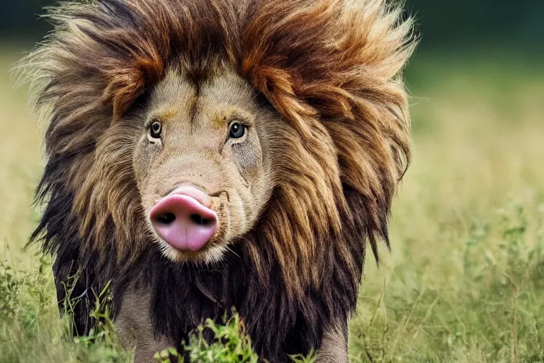 Prompt: a pig lion!!! hybrid! hyper realistic!! realistic lighting!! wildlife photographer of the year!!! bold natural colors, national geographic, hd, wide angle, 8 k