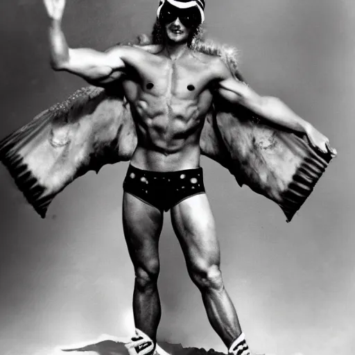 Image similar to ripped physique winged man Norm MacDonald disguised as a mothra whilst wearing a traffic cone hat jack kirby