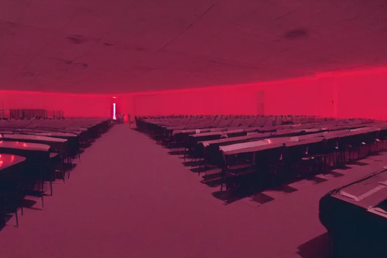 Image similar to a dark conference hall, half full, atmospheric and obscure, red neon light, by roger deakins, cinematography, syd mead