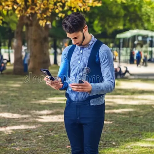 Image similar to 3 0 year old stylish man using smartphone outdoors in the park realistic image, 4 k 3 0 mm photography, stock image