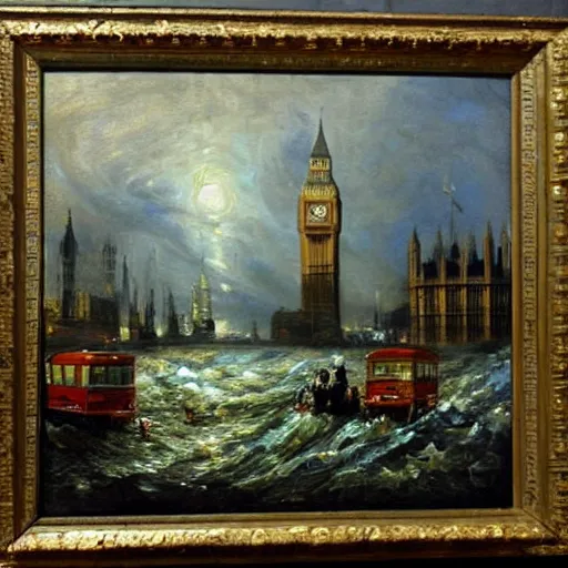 Image similar to London flooded underwater, traditional oil painting, detailed, painted by Constable