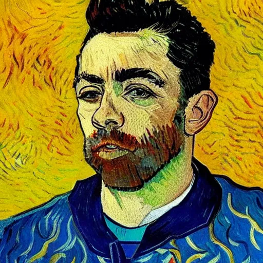 Prompt: HD painting of Xavi Hernandez by Van Gogh