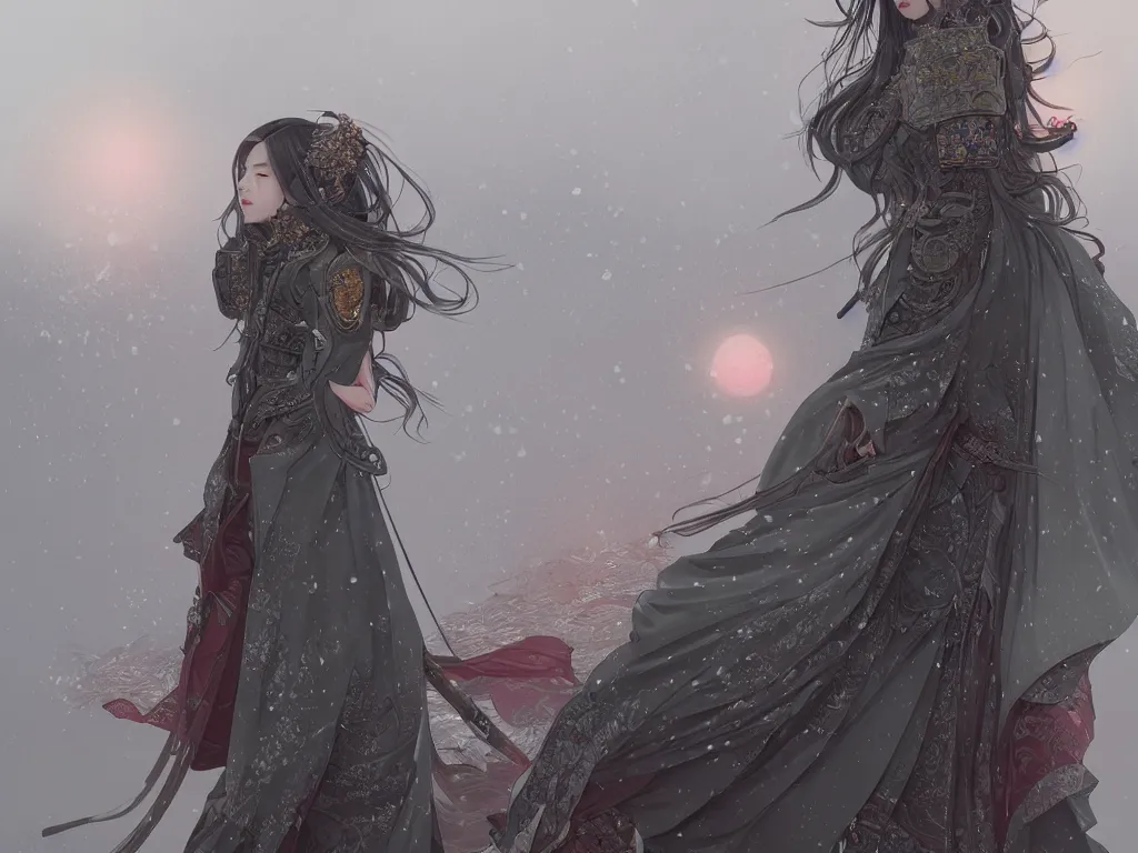 Image similar to portrait jisoo blackpink, grey hair armored samurai clothes, in japanese temple stormy snowy sunrise, ssci - fi and fantasy, intricate and very very beautiful and elegant, digital painting, artstation, concept art, smooth and sharp focus, illustration, art by tian zi and wlop and alphonse mucha