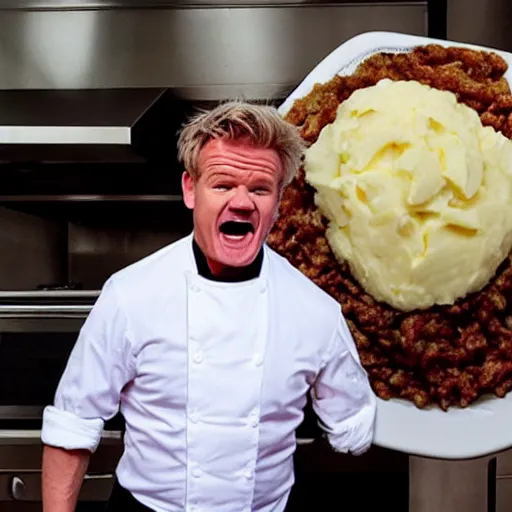 Image similar to < photo hd trending > gordon ramsey yells at an incredibly oversized plate of mashed potatos < photo >