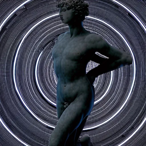 Image similar to a renaissance statue surrounded by a 3 d neon circle, black background, ray tracing, 8 k resolution, sharp focus, hyper detailed