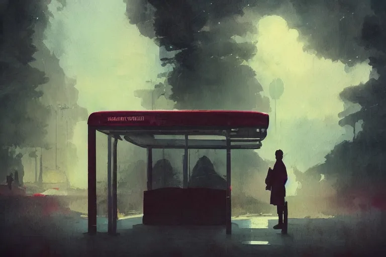 Image similar to A mixed media painting of man waiting at bus stop by Frank Frazetta, Greg Rutkowski, Beeple, kawaii, post-processing, low angle, masterpiece, cinematic, isometric, volumetric lighting