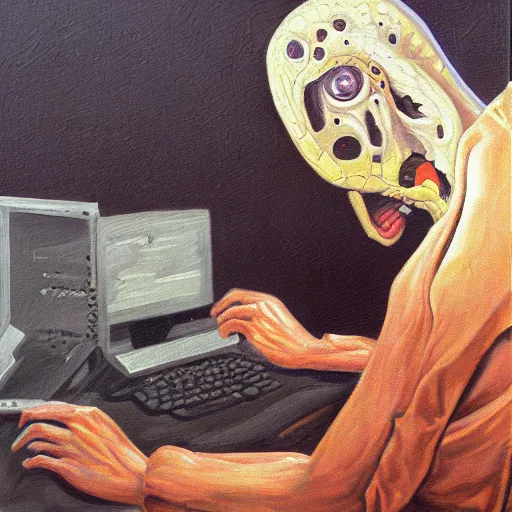 Image similar to A Python programmer's despair, oil on canvas, 1973