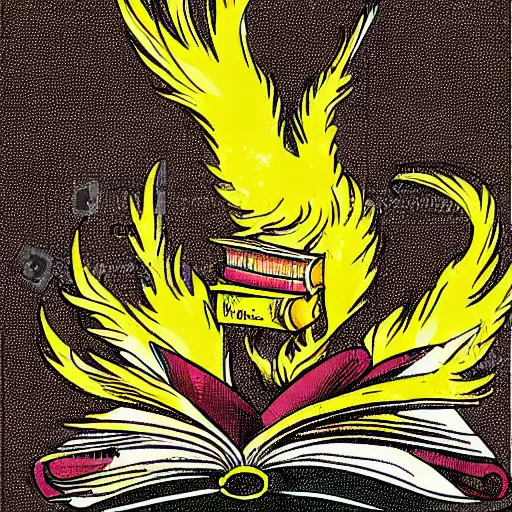 Prompt: a phoenix reading a book in a library cartoon artwork
