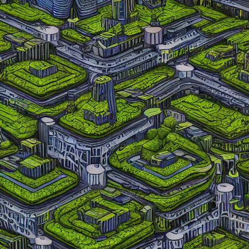 Image similar to a sprawling city landscape, overgrown, alien planet, high rises, oblong formations, crooked angles, isometric view, uhd, 8 k, digital art, award winning,