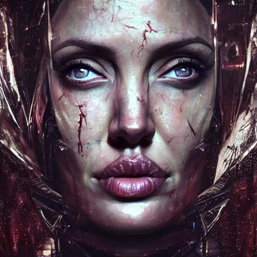 Image similar to Very very very very highly detailed epic central composition photo of Angelina Jolie face, intricate, dystopian, sci-fi, extremely detailed, digital painting, smooth, sharp focus, illustration, intimidating lighting, incredible art by Brooke Shaden, artstation, concept art, Octane render in Maya and Houdini