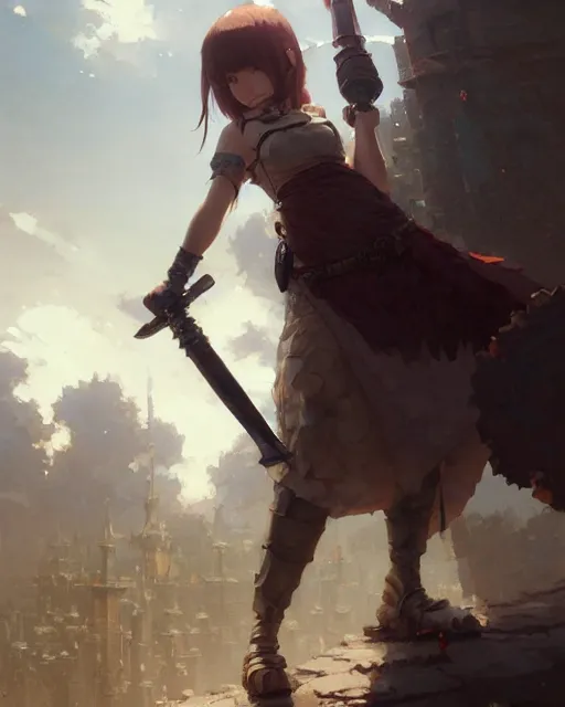 Image similar to cute girl, whitesmith, huge intricate hammer, weapon, mechanical parts, digital painting by krenz cushart, ilya kuvshinov, akihiko yoshida, greg rutkowski, karl spitzweg. sharp focus, highly detailed, intricate background