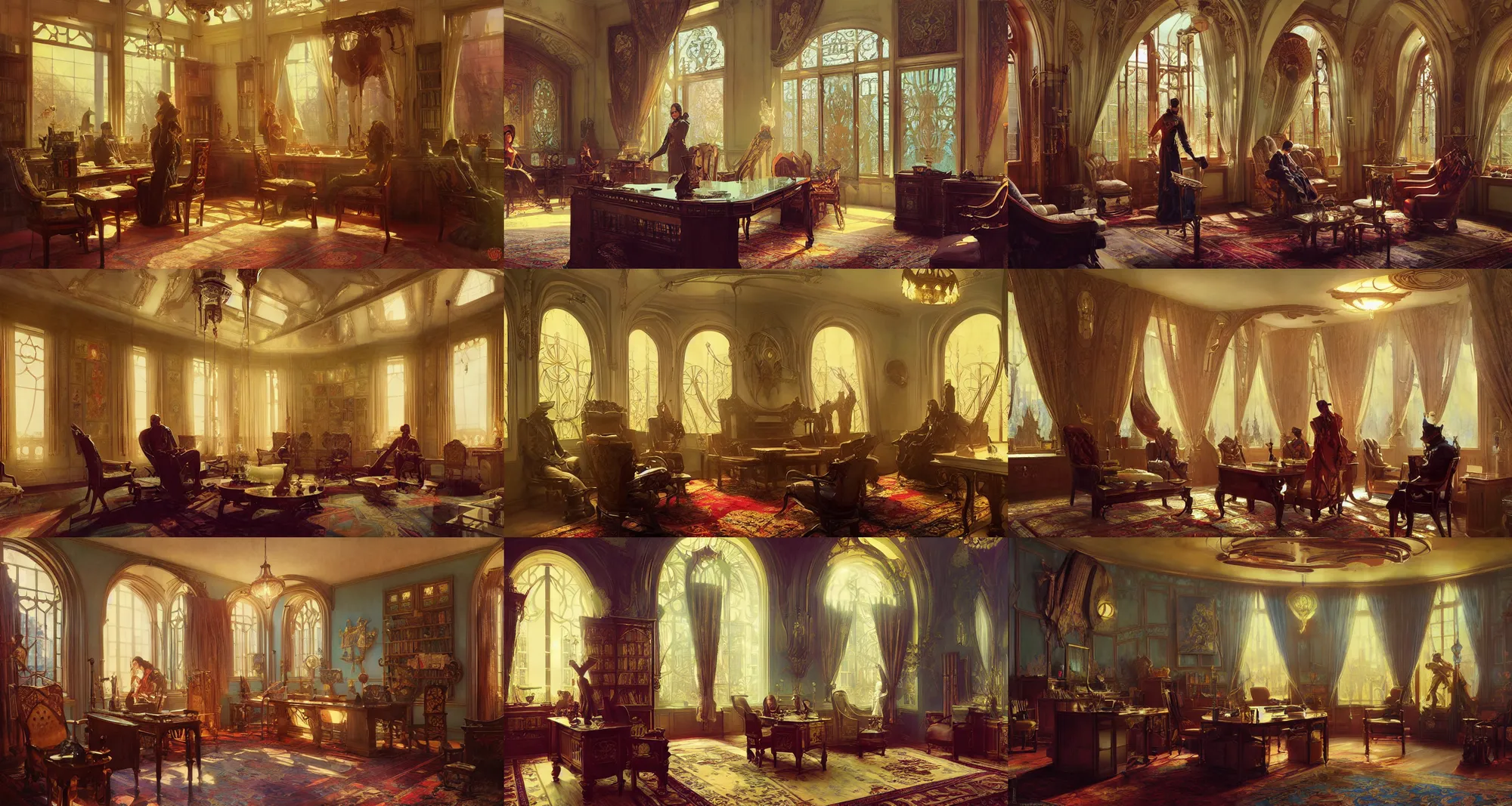 Prompt: royal home office interior, art nouveau, fantasy, art by joseph leyendecker, ivan aivazovsky, ruan jia, reza afshar, marc simonetti, alphonse mucha