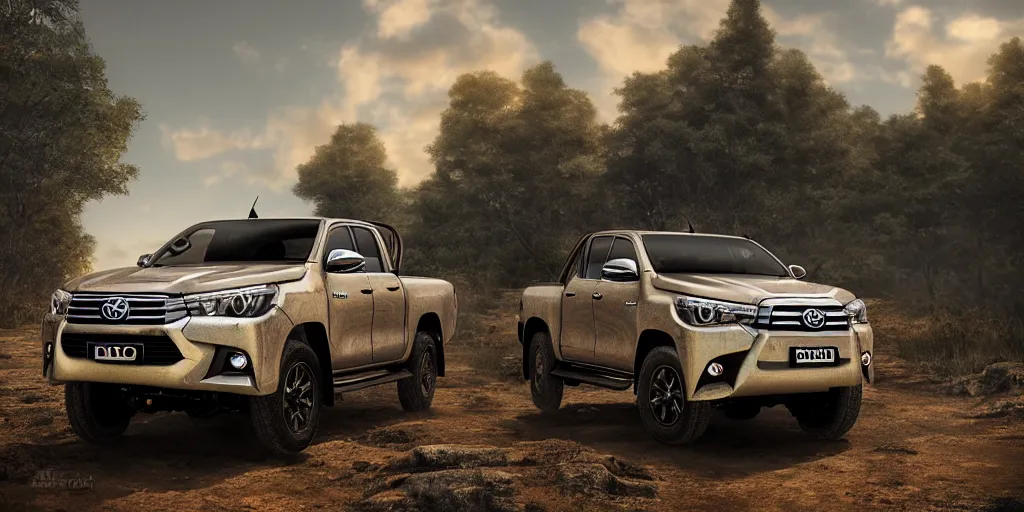 Prompt: toyota hilux, magical environment, unreal 5, hyperrealistic, realistic, photorealistic, dynamic lighting, highly detailed, cinematic landscape, studio landscape, studio lighting