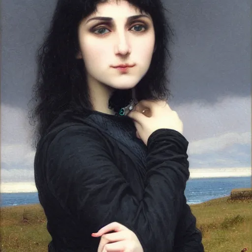 Prompt: 1 7 - year - old pale - skinned persian girl with black long bob cut, long bangs, black gothic jacket, black jeans, psychic girl, standing on cliff along the irish coast, overcast gray skies, ultra - realistic, sharp details, cold lighting, blue and gray colors, intricate details, art by william - adolphe bouguereau