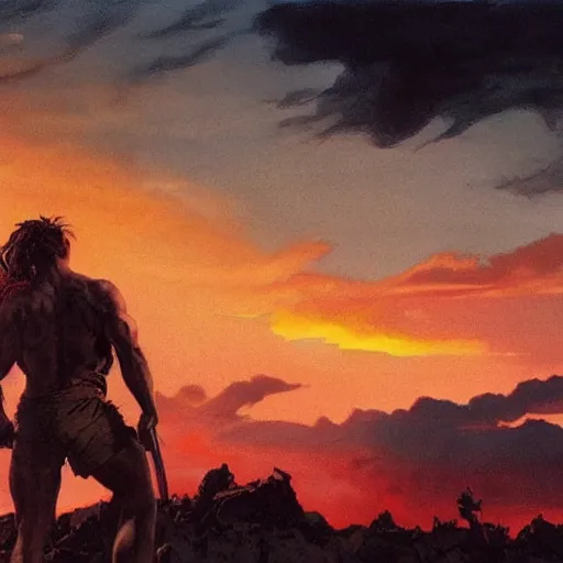 Image similar to dramatic sunset and dramatic sky , lone muscular man in the middle of the sun , painting by frazetta, low angle perspective, postapocalyptic panorama.asthetics !