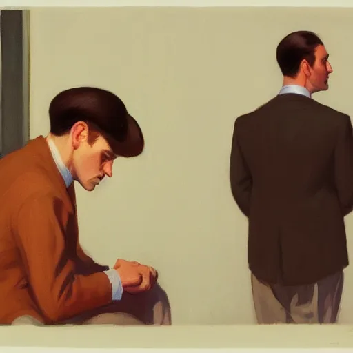 Prompt: a brown haired man with a 5 o'clock shadow, detailed, edward hopper, trending on artstation,