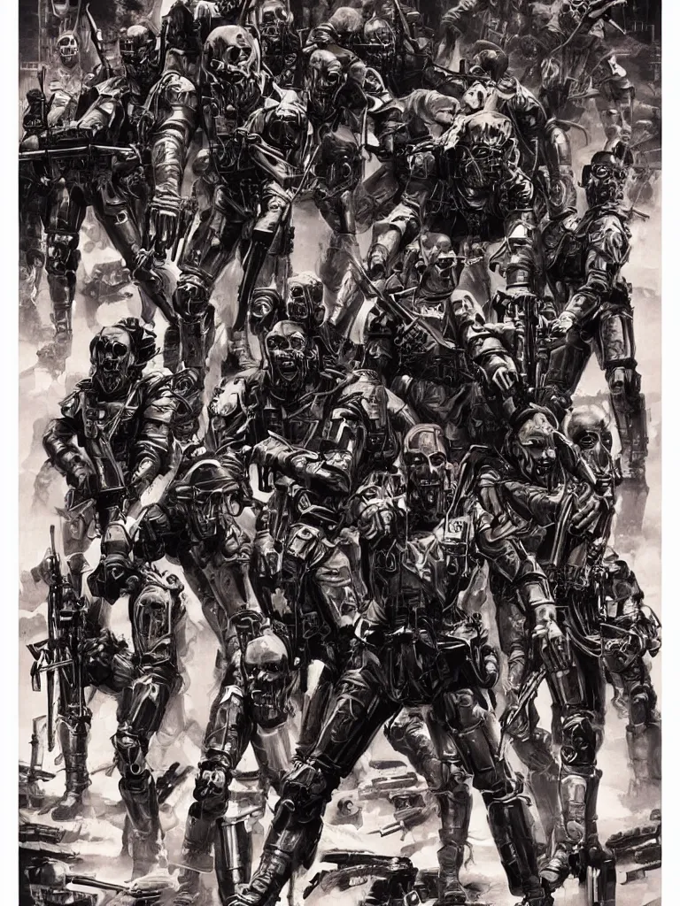Prompt: Poster for the Movie Schwartzlicht,about Chinese Russian Zombie Troopers Designed By Yasushi Nirasawa battle Japanese America Cyborgs Designed by Syd Mead and Giger, 1970s style, very detailed bold text says: Schwarzlicht